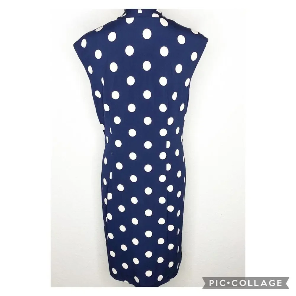 Eliza J navy blue cream tan polka dot faux wrap dress size 14